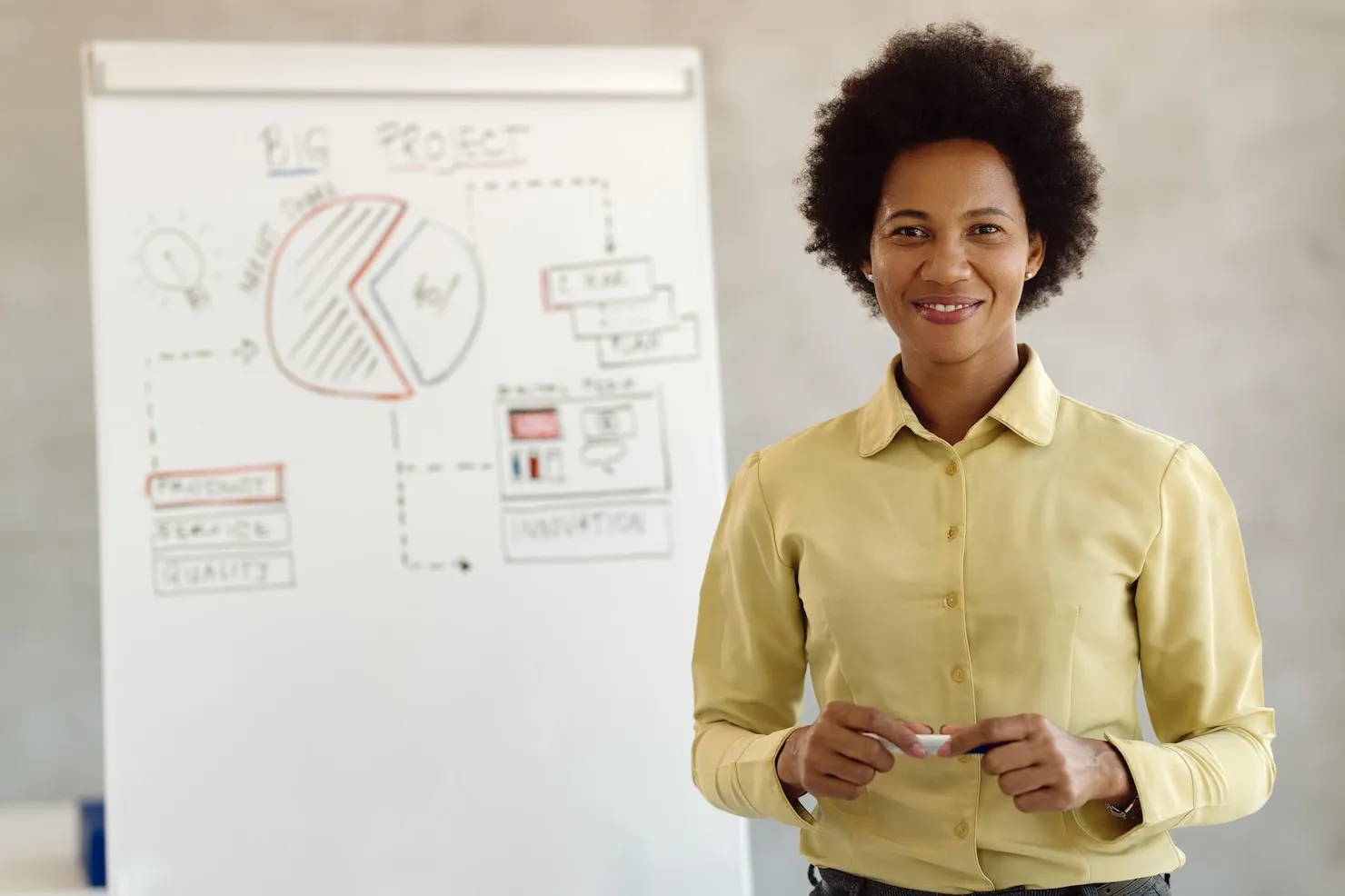 happy-black-businesswoman-front
